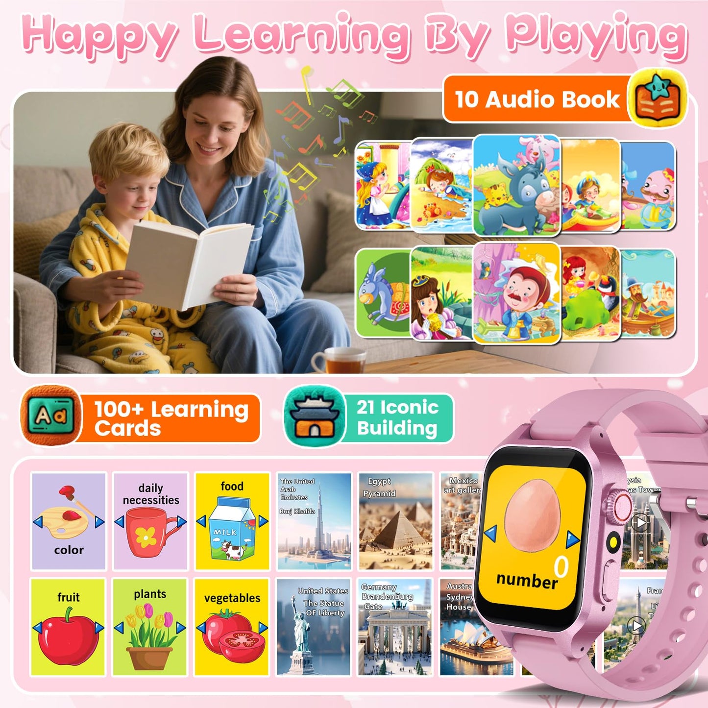 Smart Game Watch for Kids with 32 Games, Telescopic Camera, Pedometer, Alarm, Video, Music, Auidobook, Learn Card, Parental Cont