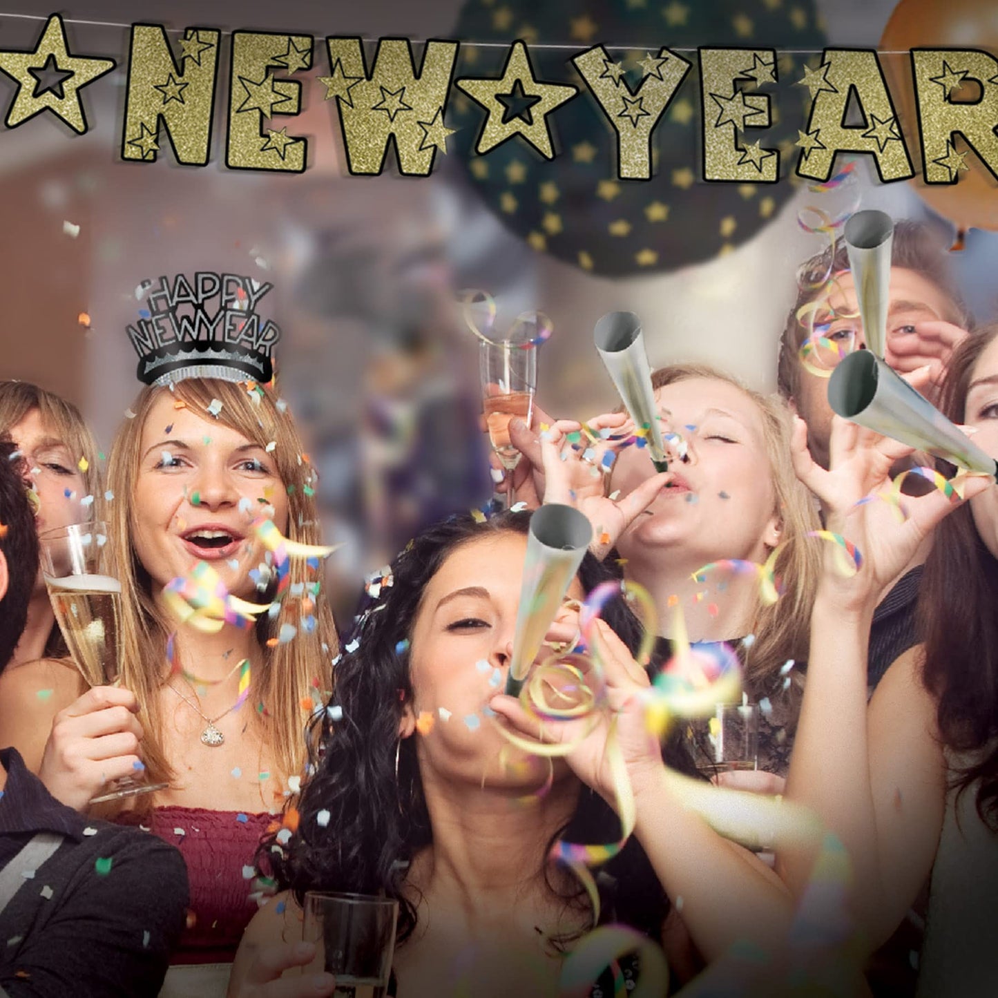 Beistle 100 Piece Sparkling Happy New Year’S Eve Noisemaker Horns Birthday Party Favors Blowouts, 9', Silver/Black