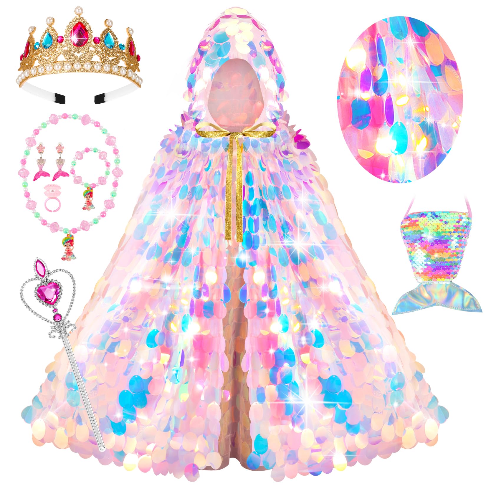 Princess Dress Up Cloak Princess Dress Up Clothes Mermaid Toys Rainbow Mermaid Princess Cloak Kit 9 Pcs Gift Set For Little Girls 3-8 Years Old, Great Gift Set For Birthday Christmas Halloween