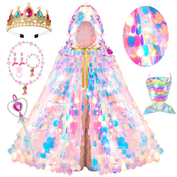 Princess Dress Up Cloak Princess Dress Up Clothes Mermaid Toys Rainbow Mermaid Princess Cloak Kit 9 Pcs Gift Set For Little Girls 3-8 Years Old, Great Gift Set For Birthday Christmas Halloween