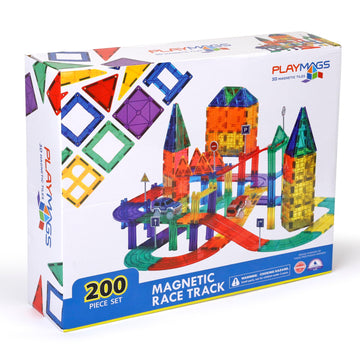 Playmags Magnetic Tiles Race Track Set - 200 Piece Stem Engineering Building Blocks With 2 Led Race Cars, Educational Magnet Toy