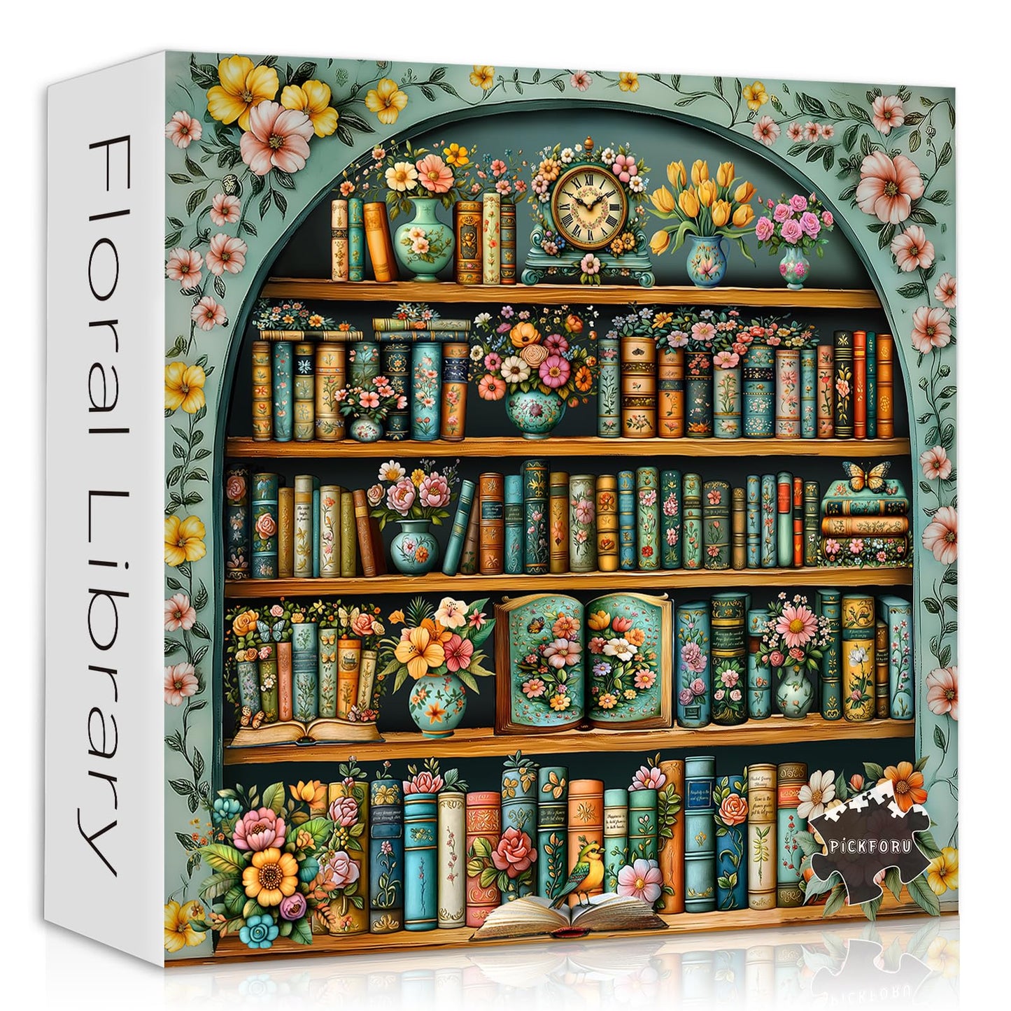 Vintage Bookshelf Puzzles for Adults 1000 Pieces, Flower Blooming Bookshelf Jigsaw Puzzle Library, Wildflower Pages Puzzle Retro