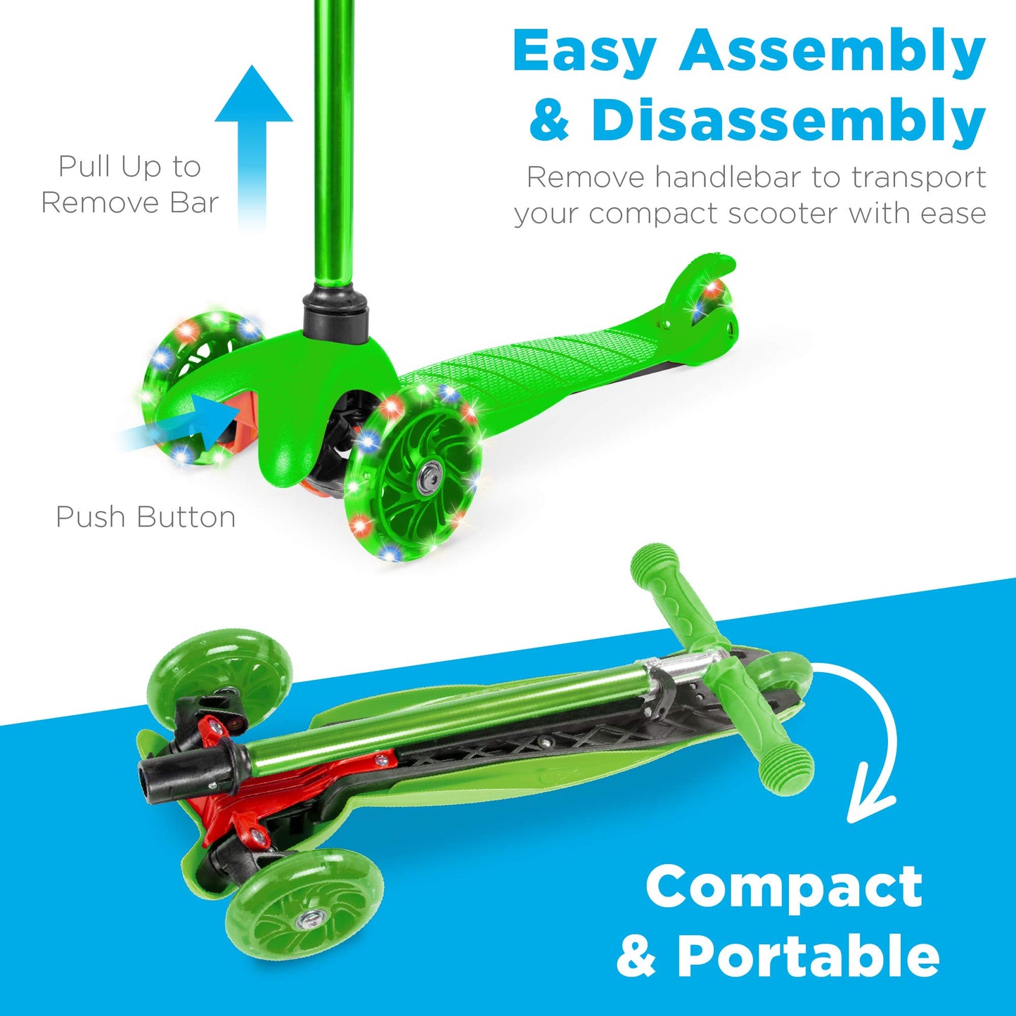 Best Choice Products Kids Mini Kick Scooter Toy W/ Light-Up Wheels, Height Adjustable T-Bar, Foot Break - Green