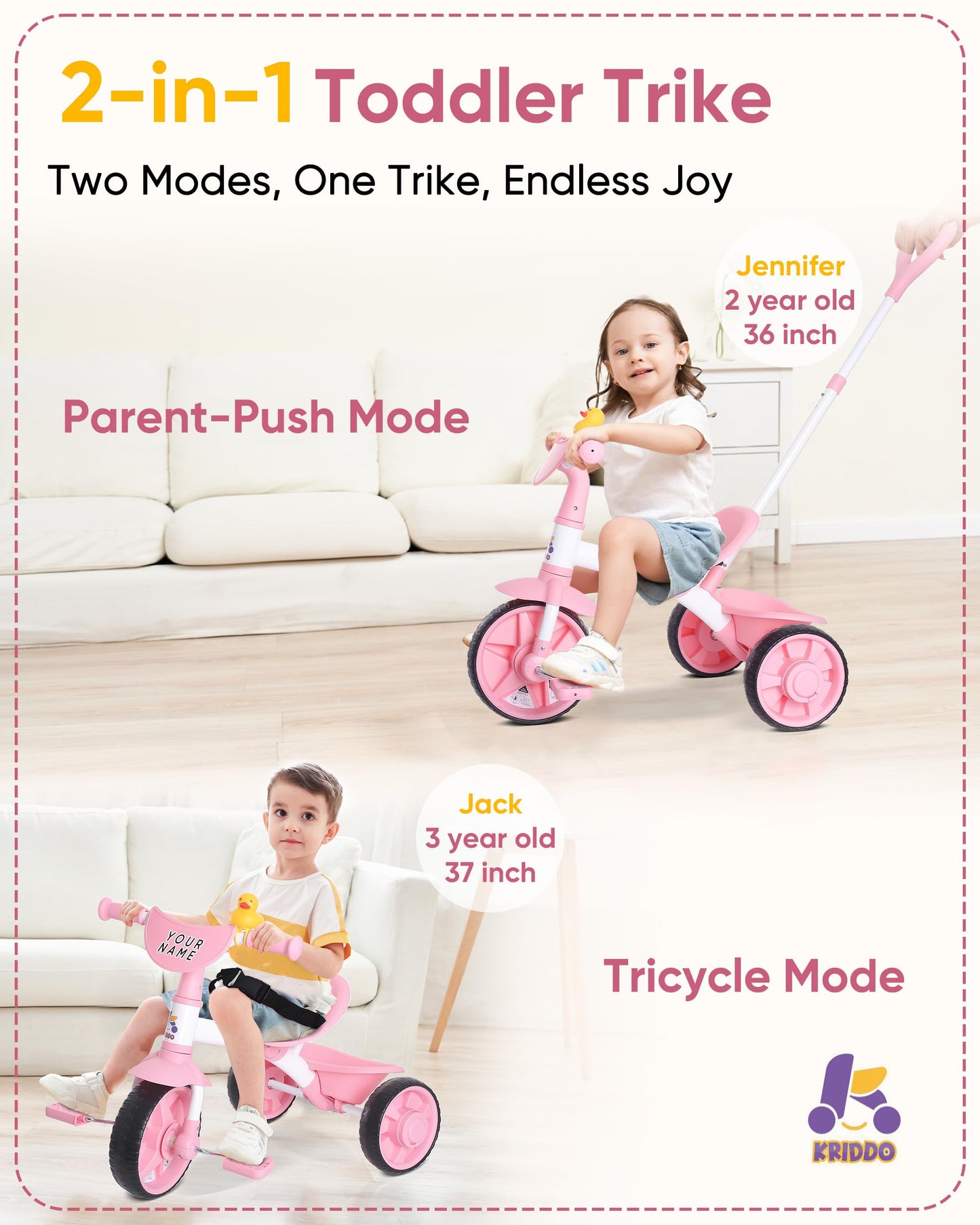 KRIDDO Kids Tricycle 2 in 1 with Push Handle, EVA Wheels, Pink, for Toddlers 18 Months to 3 Years, Small, Carbon Steel