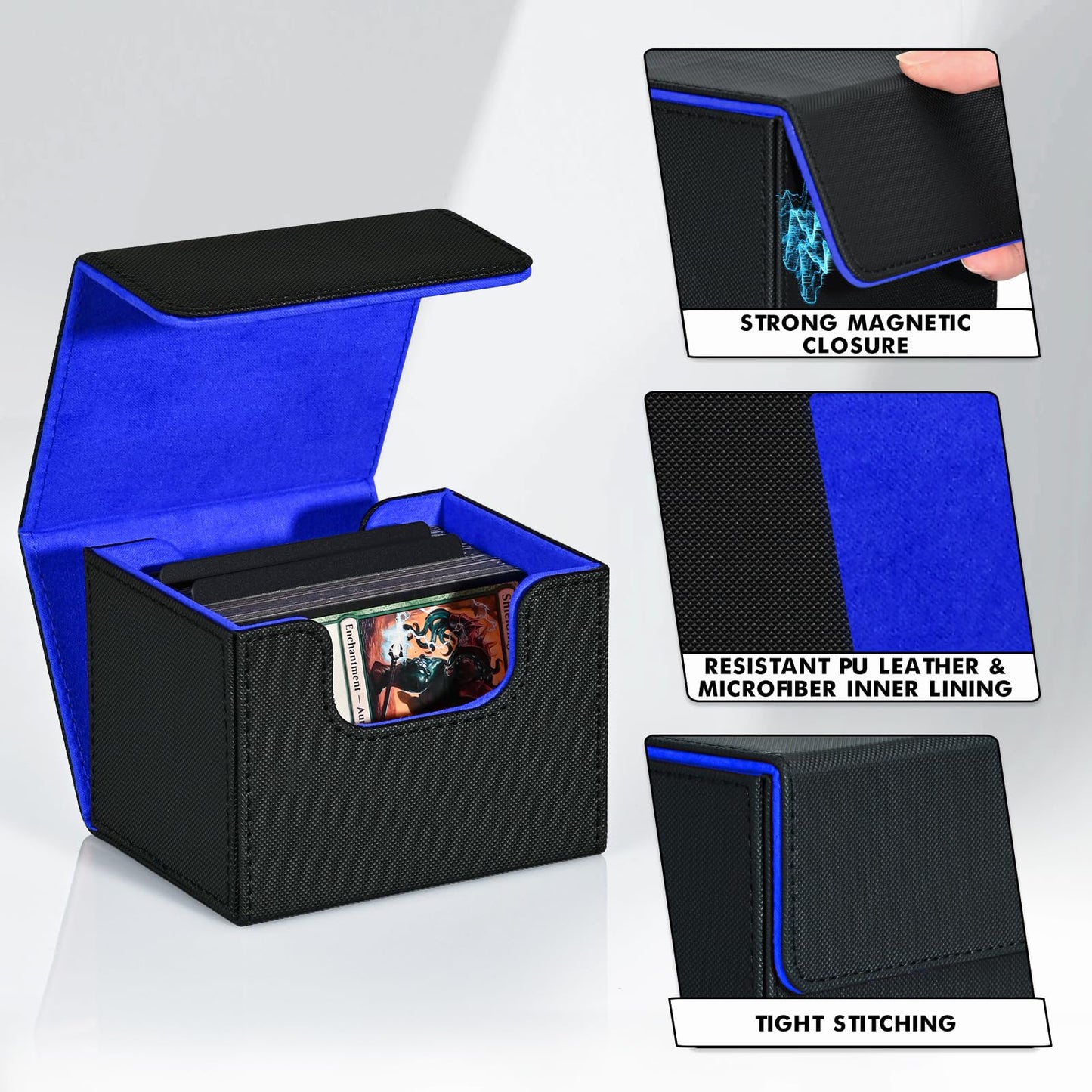 Zlca Card Deck Box For Trading Cards, Mtg Commander Deck Box Holds 120+ Single Sleeved Cards, Leather Magnetic Card Storage Box Fits For Tcg Ccg Magic Cards (Black& Blue)