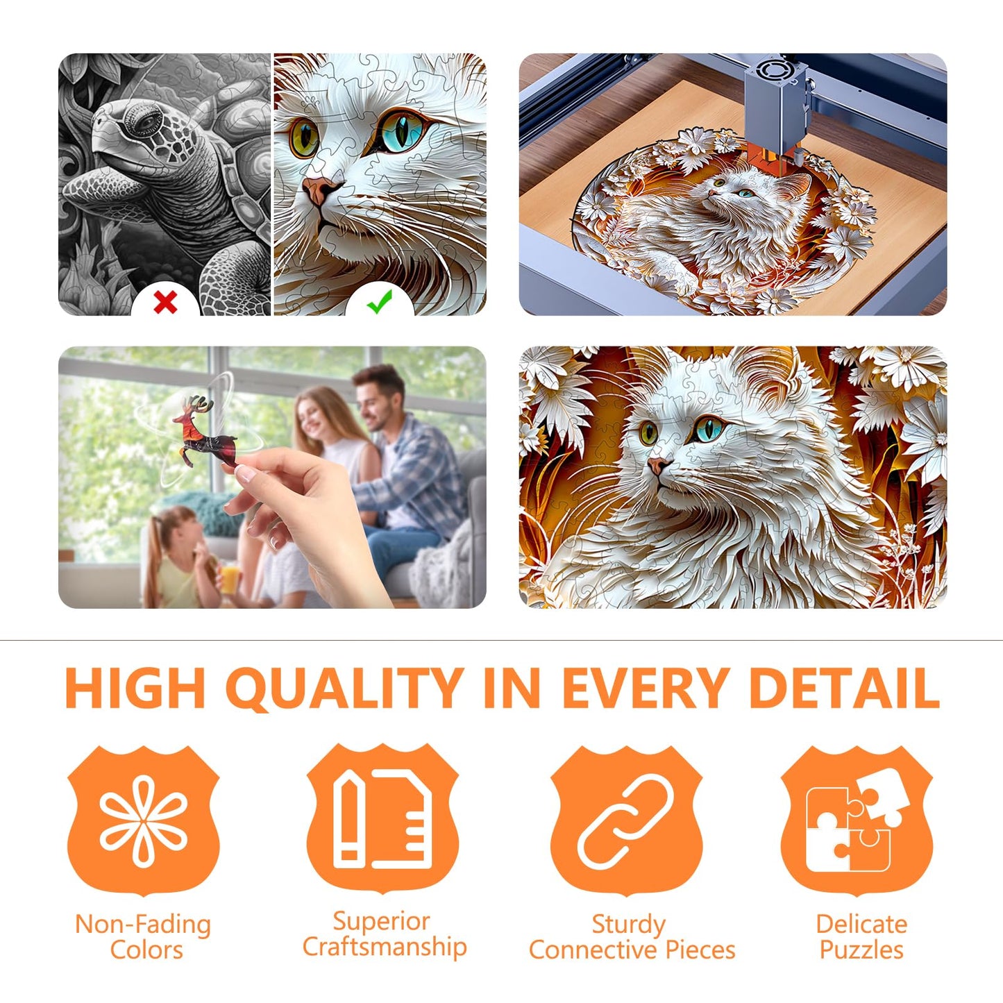Wooden Puzzles for mature-themeds -Flat Puzzle with 3D Visual Effect  Unique Shape White Cat Puzzle  Wood Puzzles mature-themed  Gift for Cat Lovers  Wall Art Home Decor (L-13.4 * 13.3in-300 Pieces)
