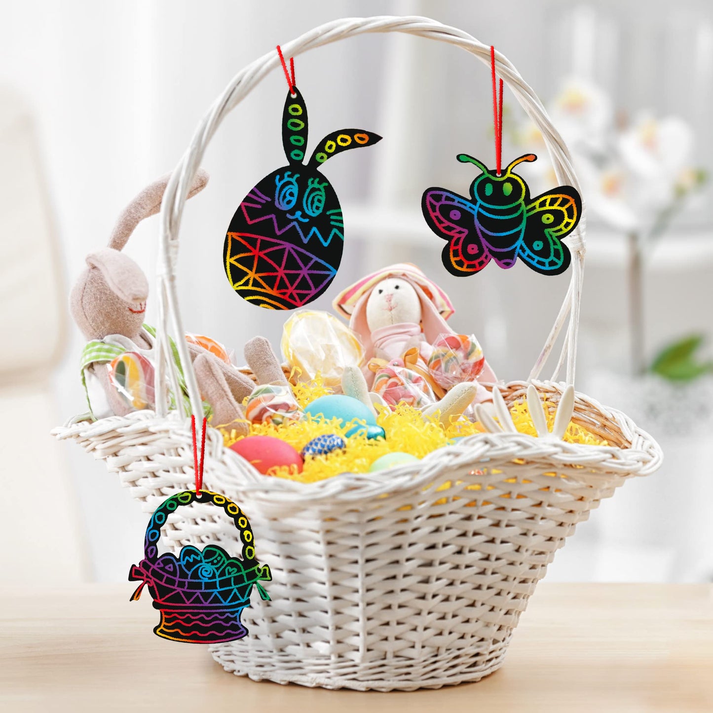 ArtCreativity 48 Pcs Easter Scratch Art for Kids, Includes Wooden Sticks & Ribbons, Fun Craft Kit, Creative Teen Easter Basket S