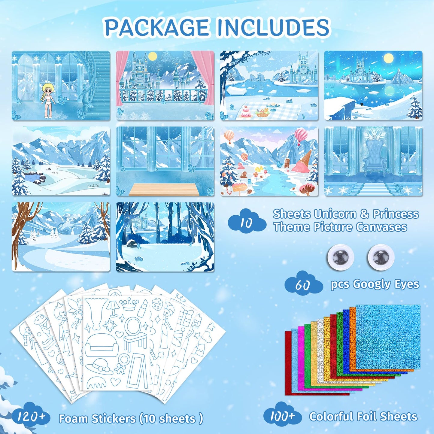 PERRYHOME Foil Arts & Crafts Kit - DIY Frozen Fun, Mess-Free Coloring, 12"x8"x0.8", Blue, Ideal for Kids Ages 4-9, Perfect Gift