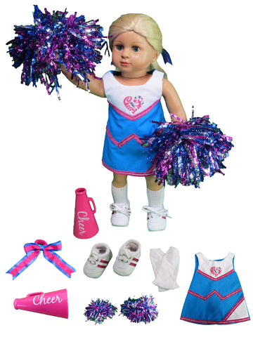 American Fashion World Pink and Blue Cheer Uniform for 18-inch Dolls| 6 Piece Set | enhanced Quality & Trendy Design | Dolls Clothes | Outfit Fashions for Dolls for Popular Brands