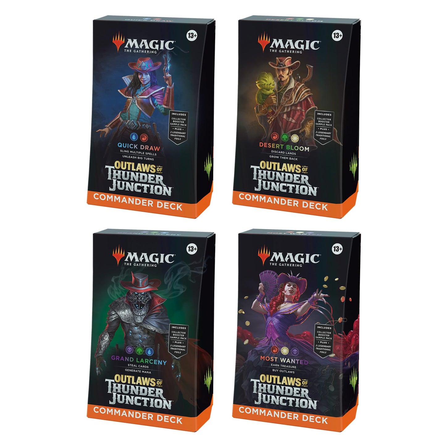 Magic: The Gathering Outlaws Of Thunder Junction Commander Deck Bundle - Includes All 4 Decks (Quick Draw, Desert Bloom, Grand Larceny, And Most Wanted)