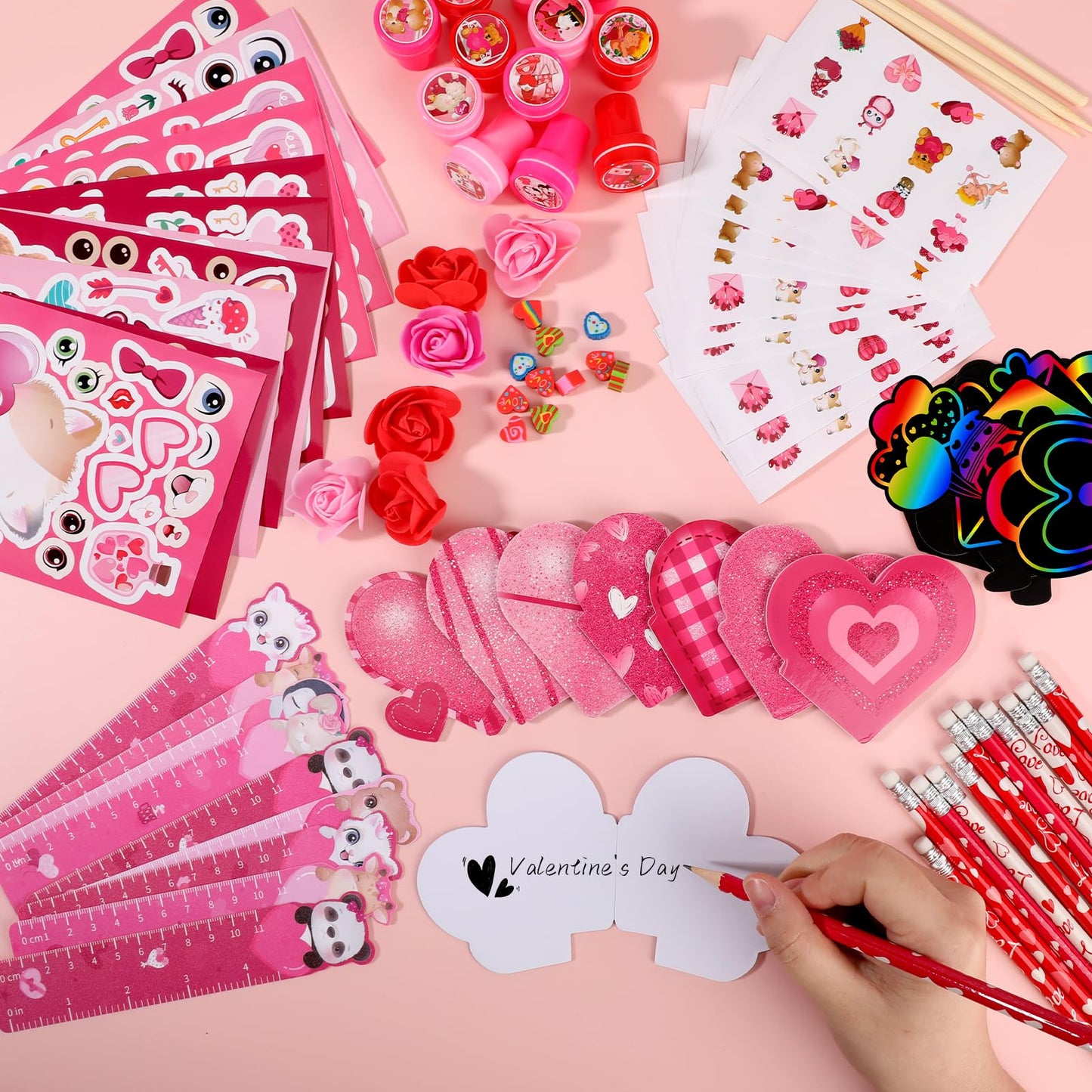 BenLouis Valentines Day Stationery Gifts Set for Kids Hearts Pencils Erasers Stickers School Classroom Exchange Reward Prizes Bu