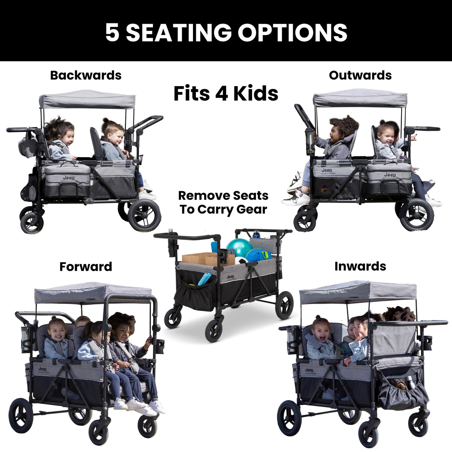 Jeep Wrangler Deluxe 4 Seater Stroller Wagon By Delta Children - Premium Quad Stroller Wagon For 4 Kids With Convertible Seats,