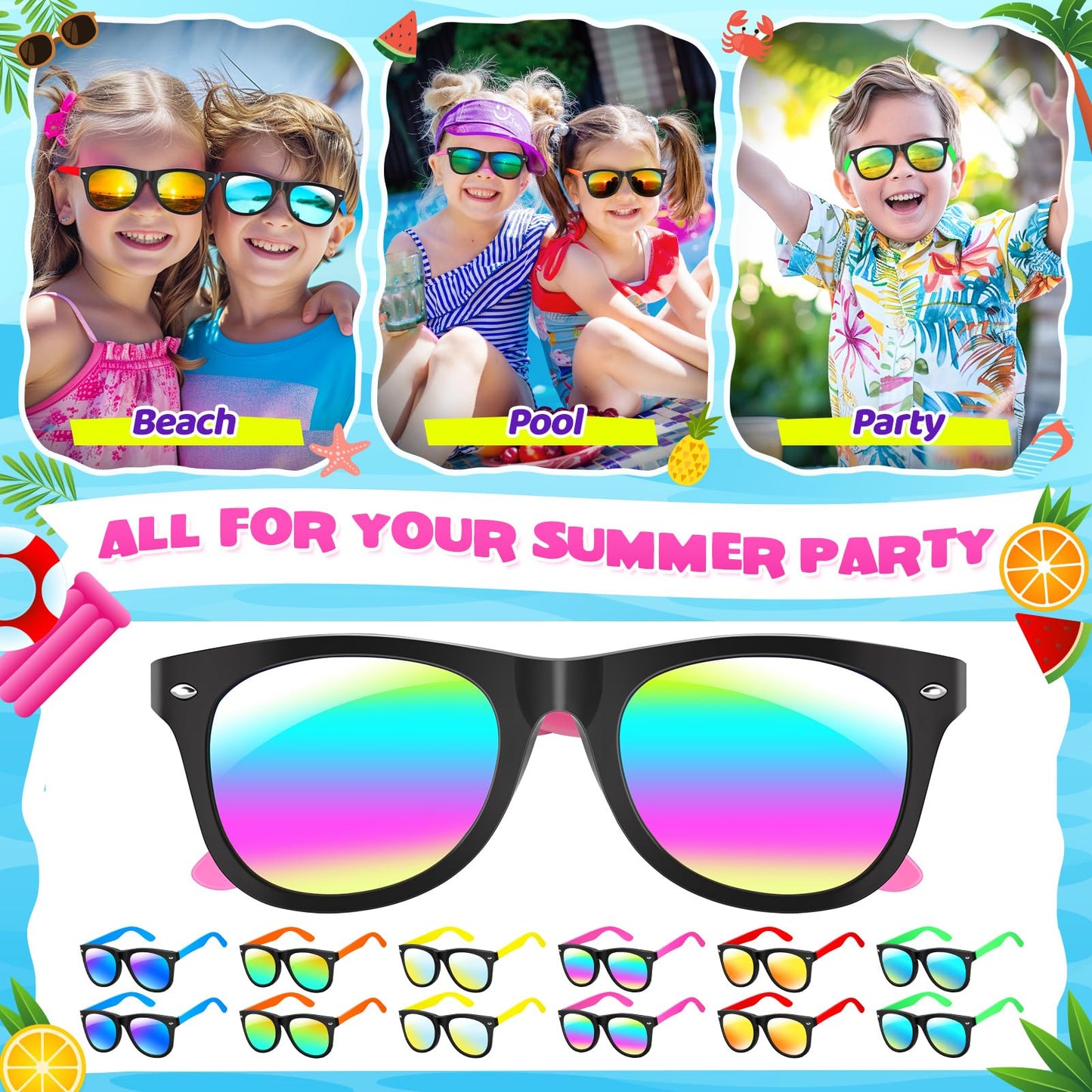Kids Sunglasses Party Favors, 24Pack Neon Sunglasses with UV400 Protection in Bulk for Kids, Boys and Girls, Great Gift for Birt