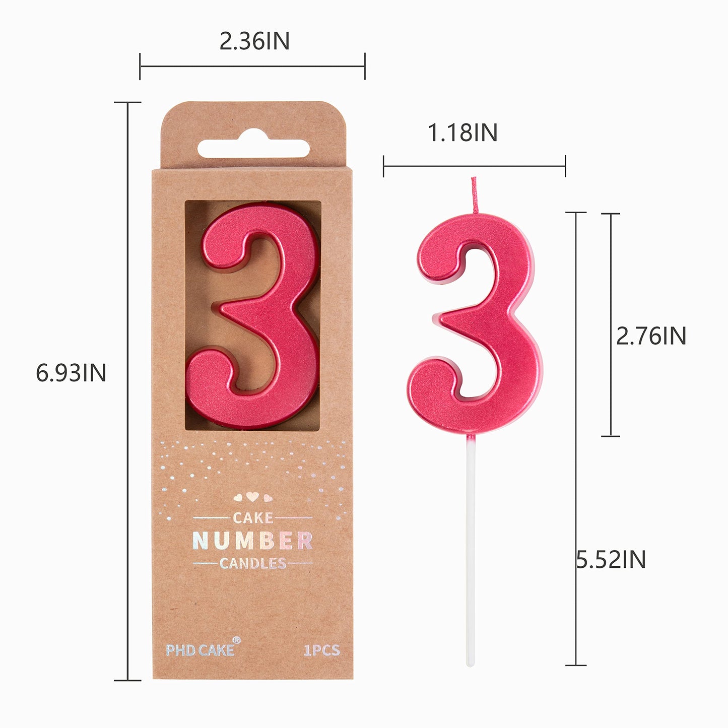 PHD CAKE 2.76 Inch Modern Red 3 Number Birthday Candles, Cake Candles for Party Celebration