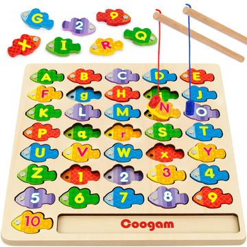 Coogam Magnetic Alphabet Numbers Fishing Game, Wooden Abc Letter Numbers Color Matching Puzzle Fine Motor Montessori Educational Toy For Preschool 3 4 5 Year Old Toddlers