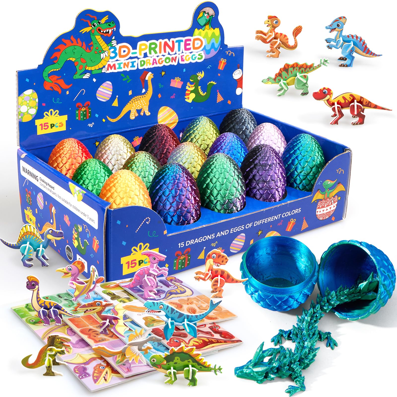 Dak Haan 15PCS 3D Printed Dragon Egg 3D Dragon Eggs Set with Display Stand Mini Dragons Eggs Set Fidget Toy Cool Stuff Fun Gifts DIY Craft Kit Dino Eggs for 5-7 4-6 8-12 Year Old Boys Girls