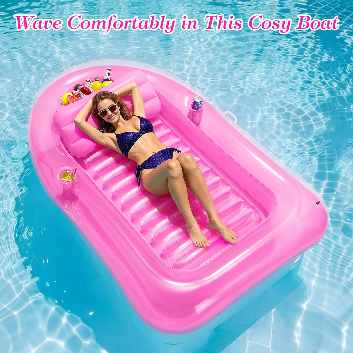 MoKo Inflatable Tanning Pool Lounge Float  Pool Floats mature-themed Boat with Ice Bar and Cup Holders  78 x 49 Large Suntan Tub Raft Floaties  Tanning Pool with Pillow for mature-themed Summer Water Party  Pink