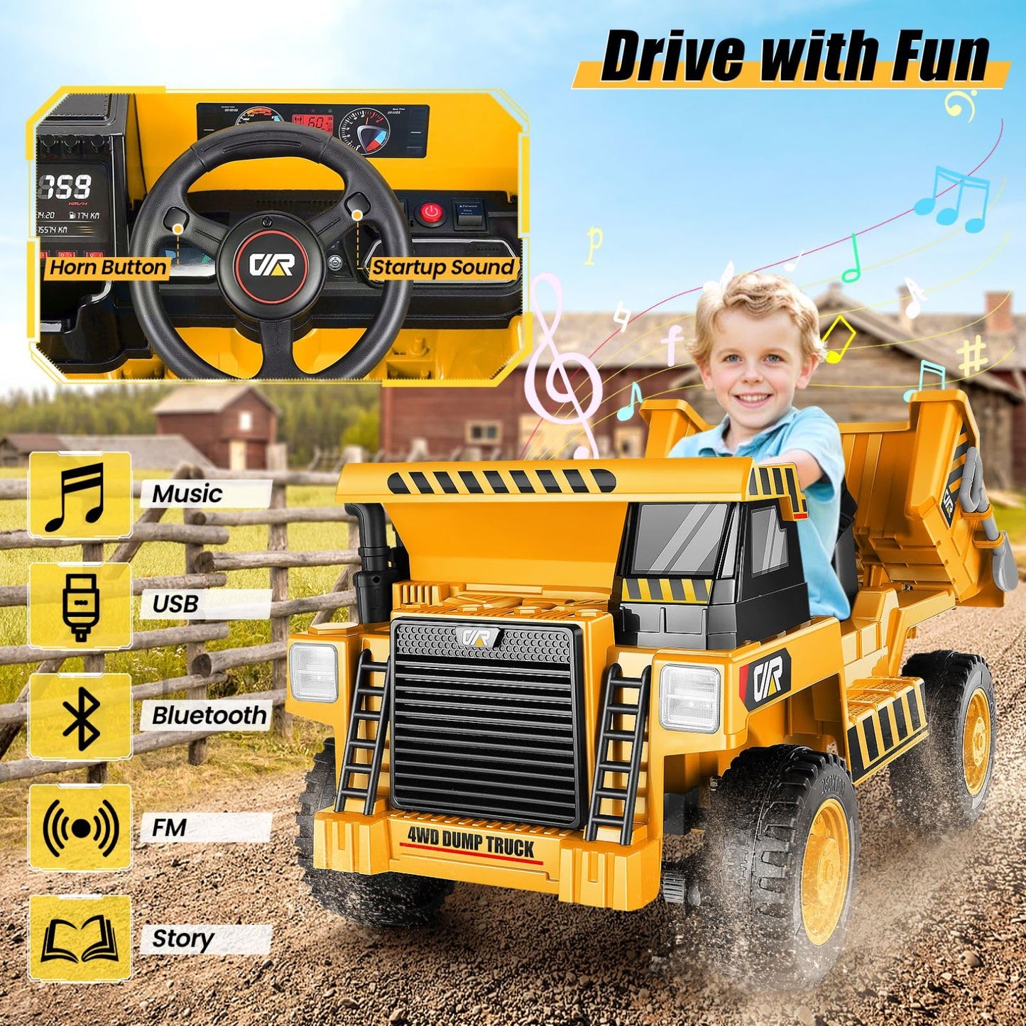 Hikole Ride On Dump Truck For Kids, Electric Cars With Remote Control, Dump Bed, Shovel, Bluetooth, Music Player, Ride On Construction Vehicles For Kids 4-8, Yellow