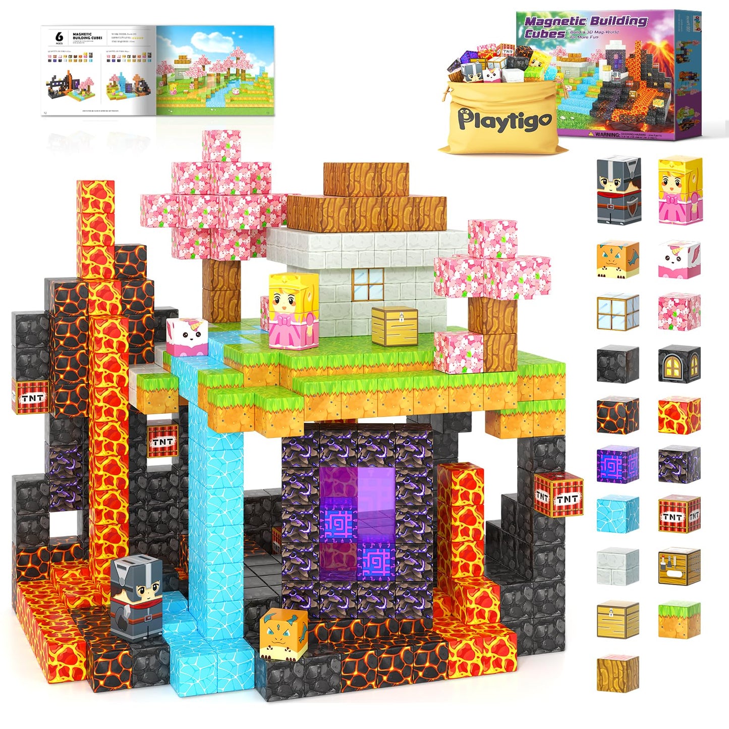 Playtigo Magnetic Blocks- 100Pcs Mine Magnet World Block Cubes Toys For Kids Ages 4-8 Magnetic Tiles Kids Sensory Birthday Gifts