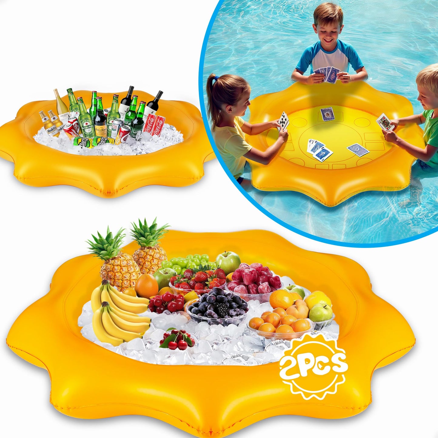 Pool Wave 2-Pack Inflatable Serving Bars Cooler, Food Drink Ice Buffet Salad Serving Tray, Floating Pool Card Table Game Water T