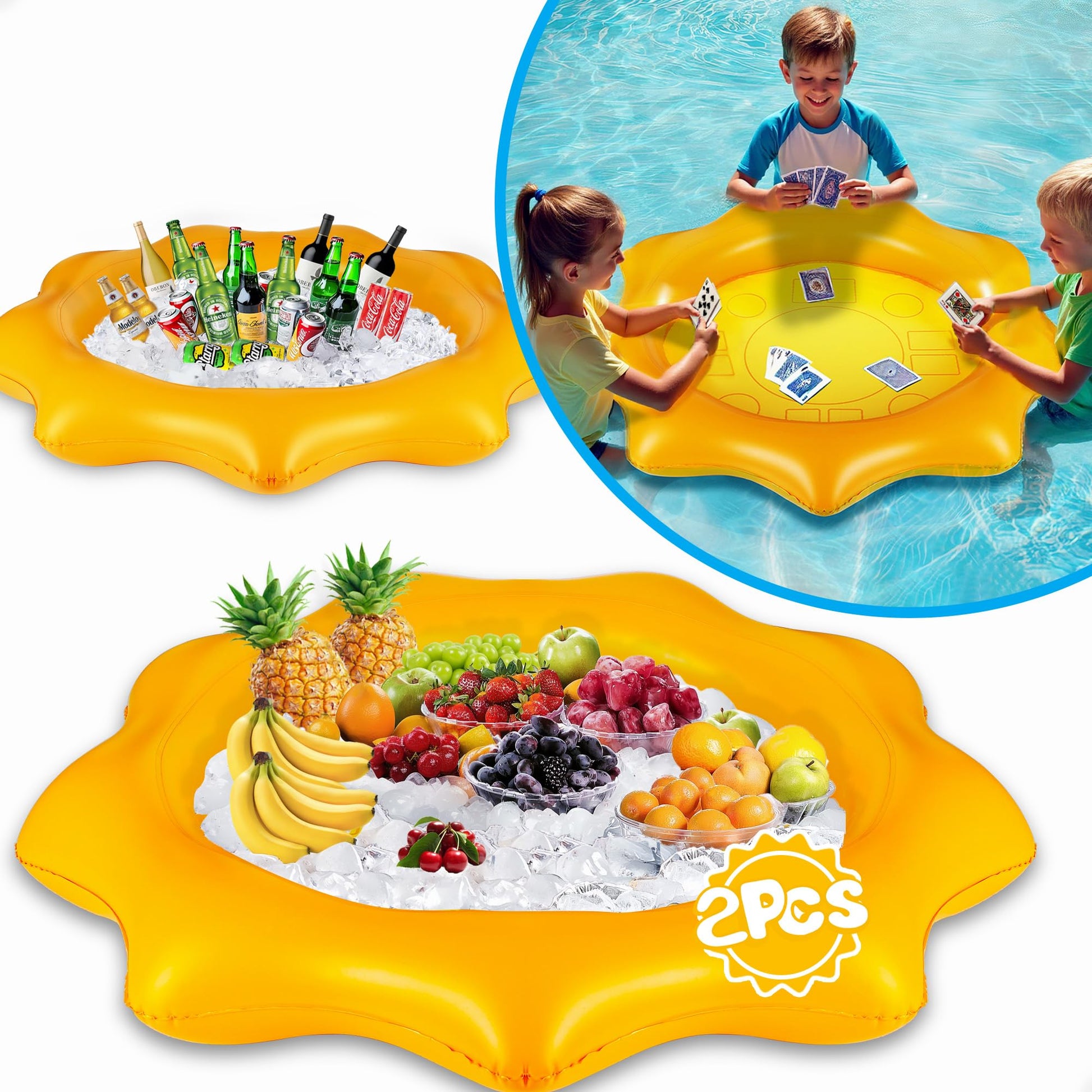 Pool Wave 2-Pack Inflatable Serving Bars Cooler, Food Drink Ice Buffet Salad Serving Tray, Floating Pool Card Table Game Water T