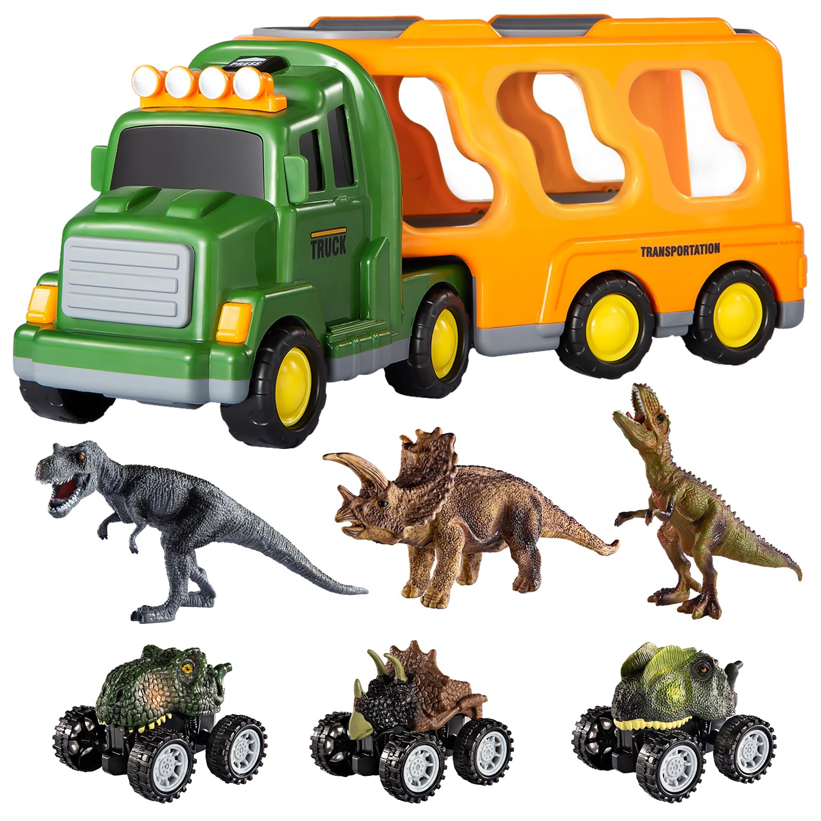 Temi Dinosaurs Truck Toys For Boys Kids 3-5 Years, Transport Car With 3 Dinosaur Figures And 3 Monster Cars, Friction Powered Toy Vehicle In Carrier With Light And Sound, Toddler Play Gifts Set