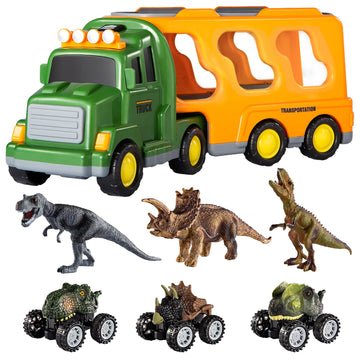 Temi Dinosaurs Truck Toys For Boys Kids 3-5 Years, Transport Car With 3 Dinosaur Figures And 3 Monster Cars, Friction Powered Toy Vehicle In Carrier With Light And Sound, Toddler Play Gifts Set
