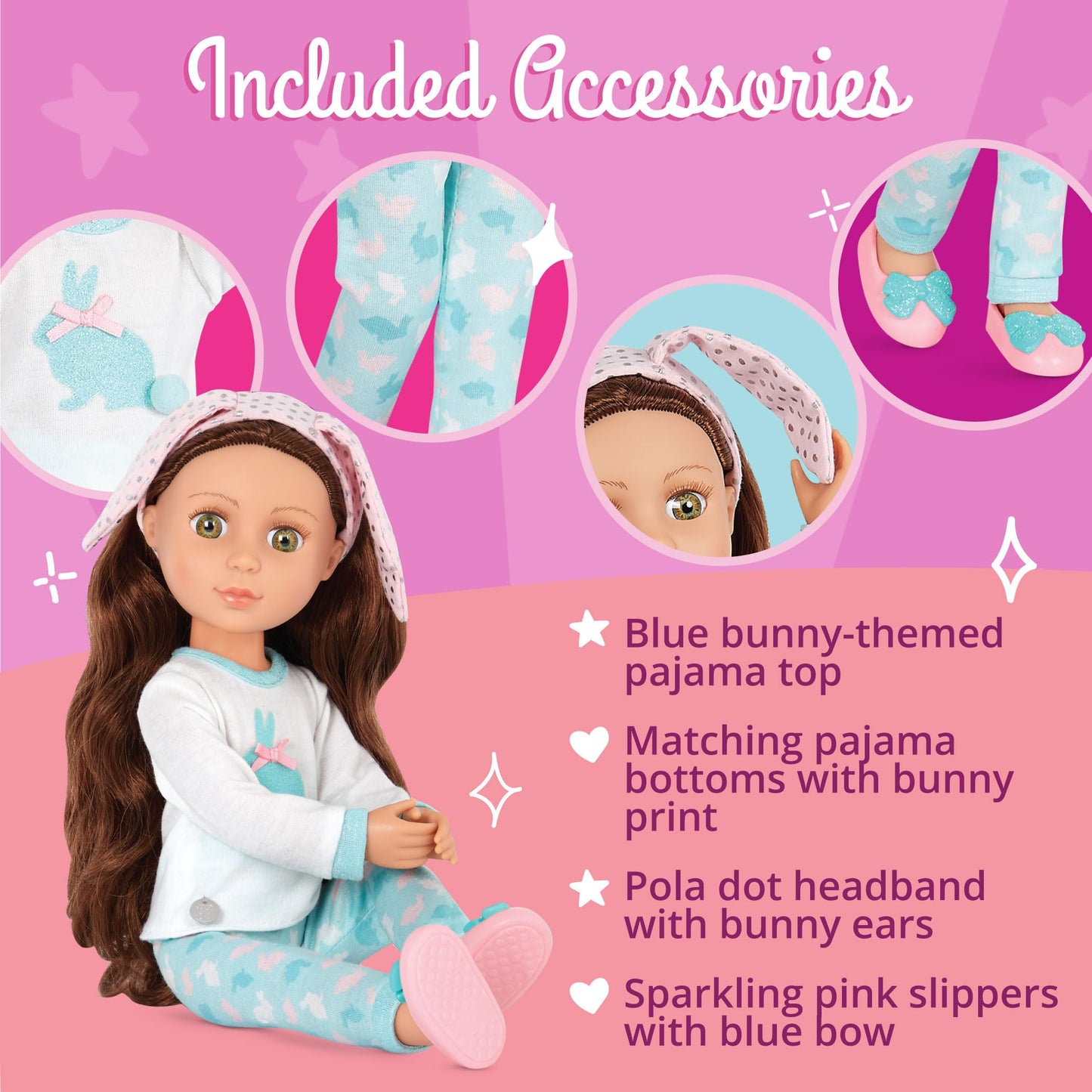 Glitter Girls – 14-Inch Slumber Party Doll – Brown Hair & Hazel Eyes – Slippers & Bunny Loungewear Outfit – Poseable Fashion Dolls – 3 Years + – Pixie
