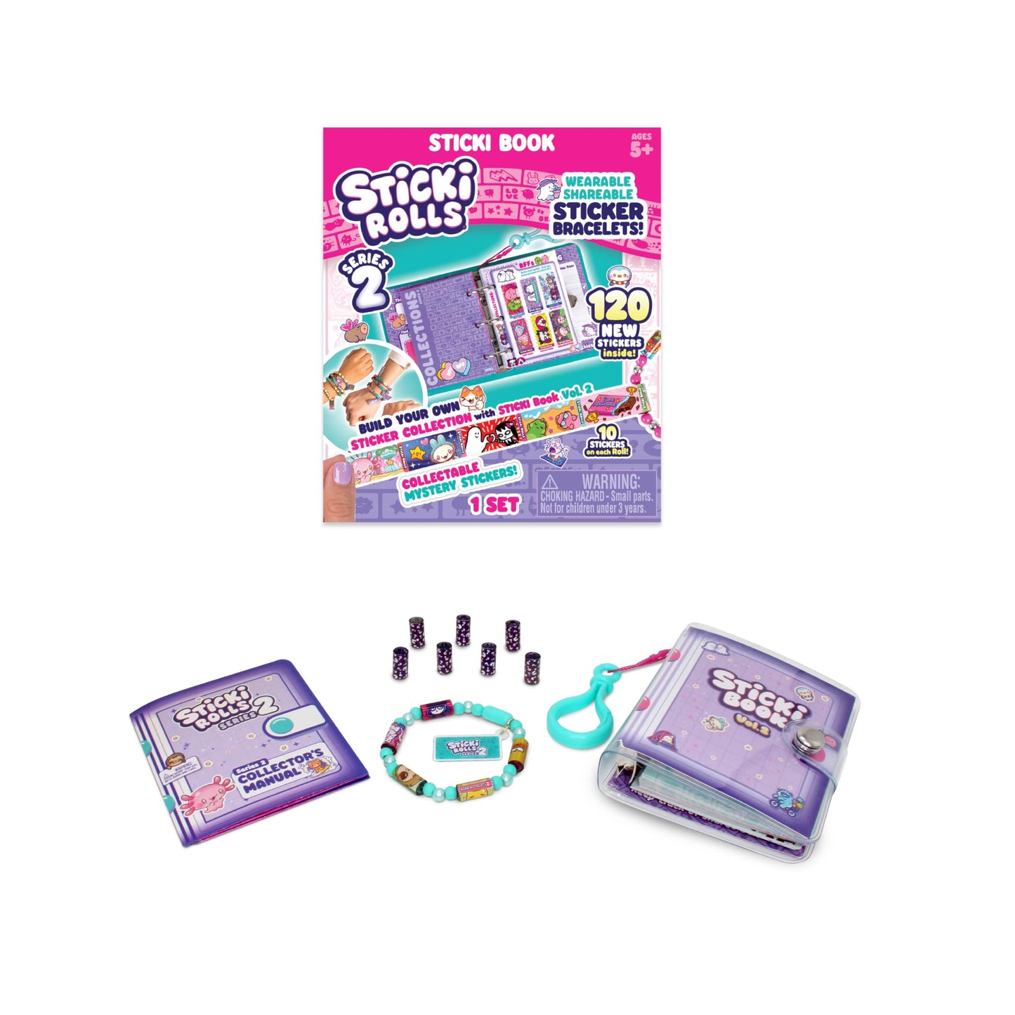 Sky Castle Sticki Rolls Sticki Book Series 2, Wearable & Shareable Sticker Bracelet, 120 Mini Stickers, Bracelet and Sticki Book