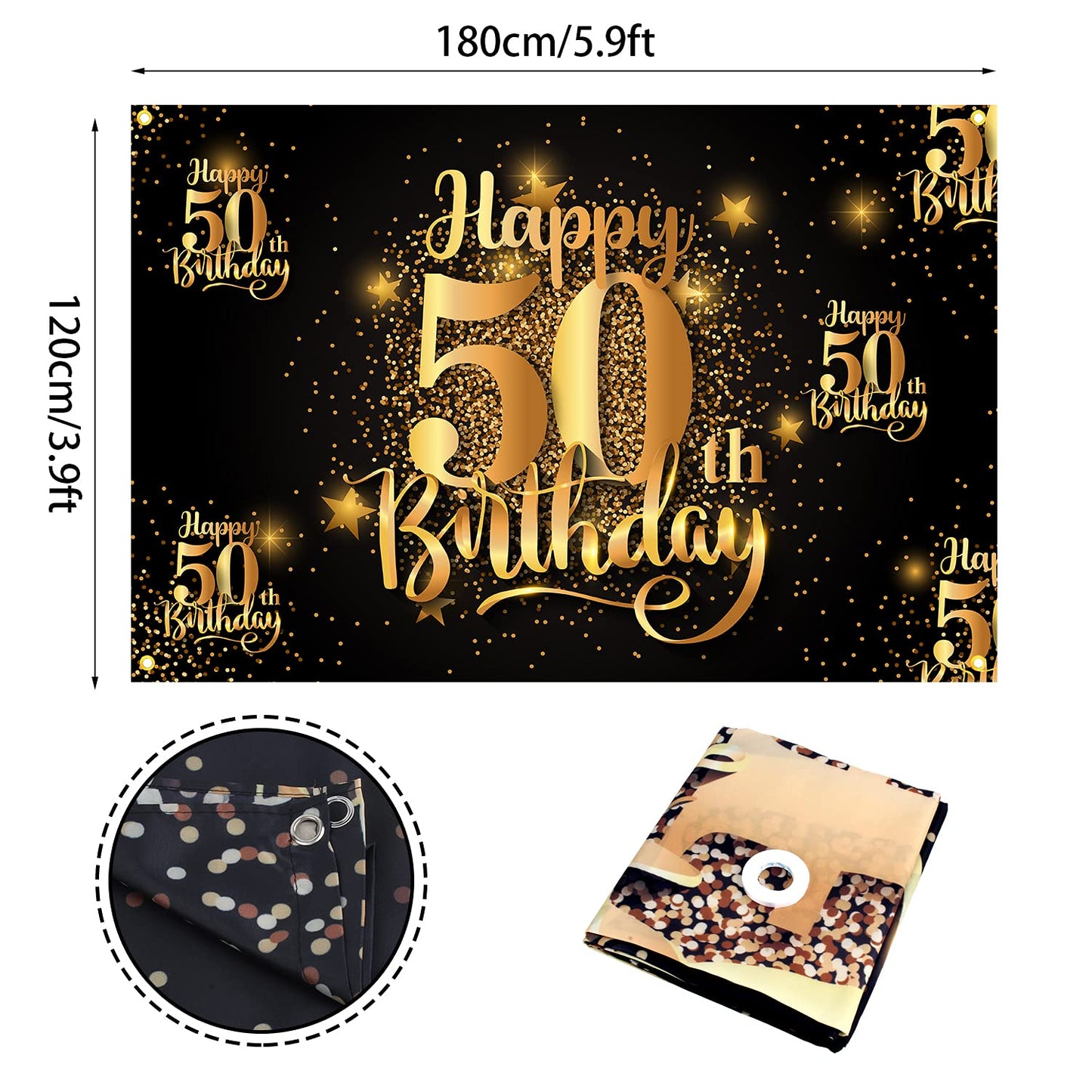 Mnixy Happy 50Th Birthday Backdrop Banner Step And Repeat 50 Years Old Background Decorations For Women Men Her Him Photography Party Supplies Glitter Black Gold (1)