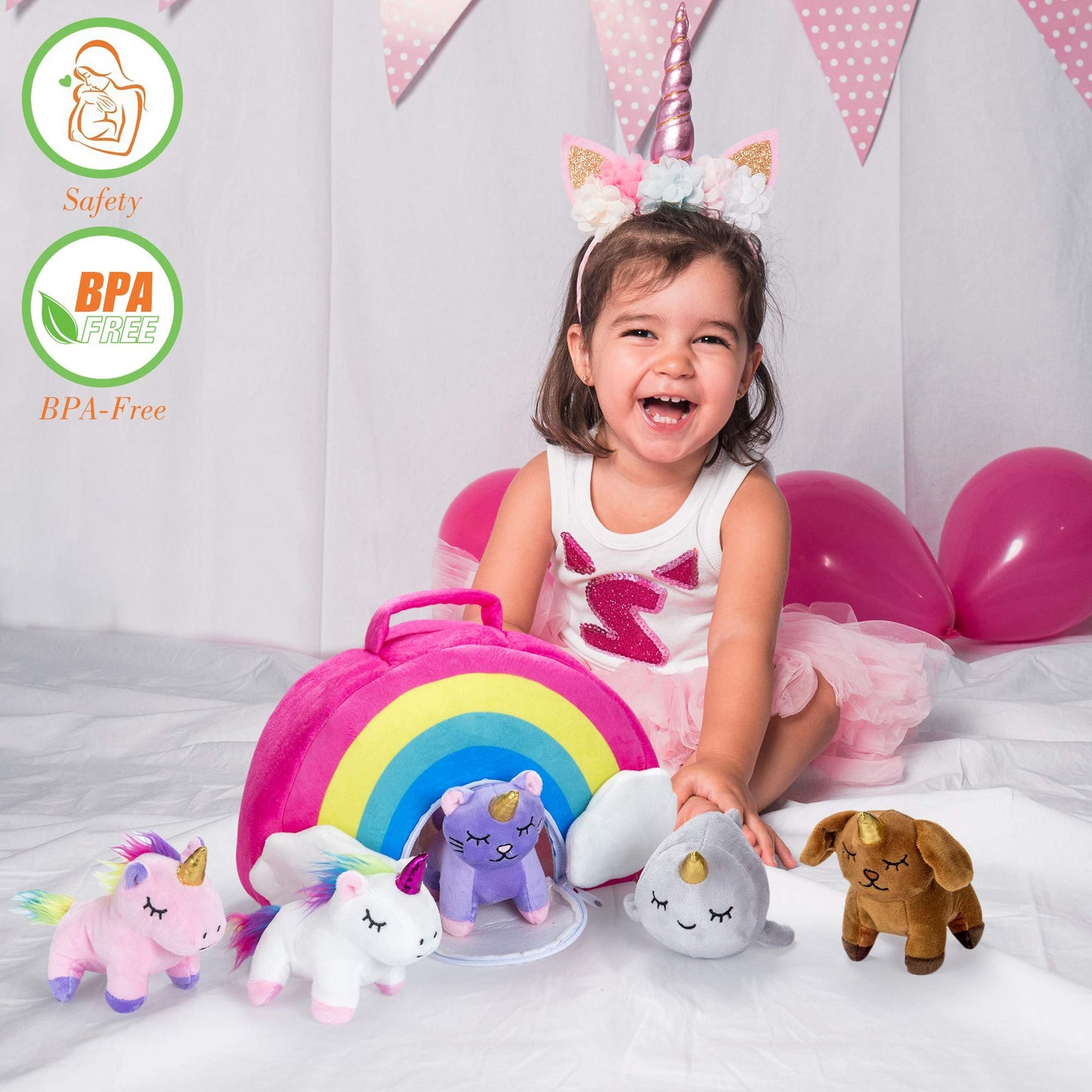 PASSIONFRUIT Stuffed Toy Unicorn Animal Set - 5 Plush Toys with Rainbow Bag - Includes Unicorns, Kitty, Puppy, Narwhal - Ideal Gift for Toddlers