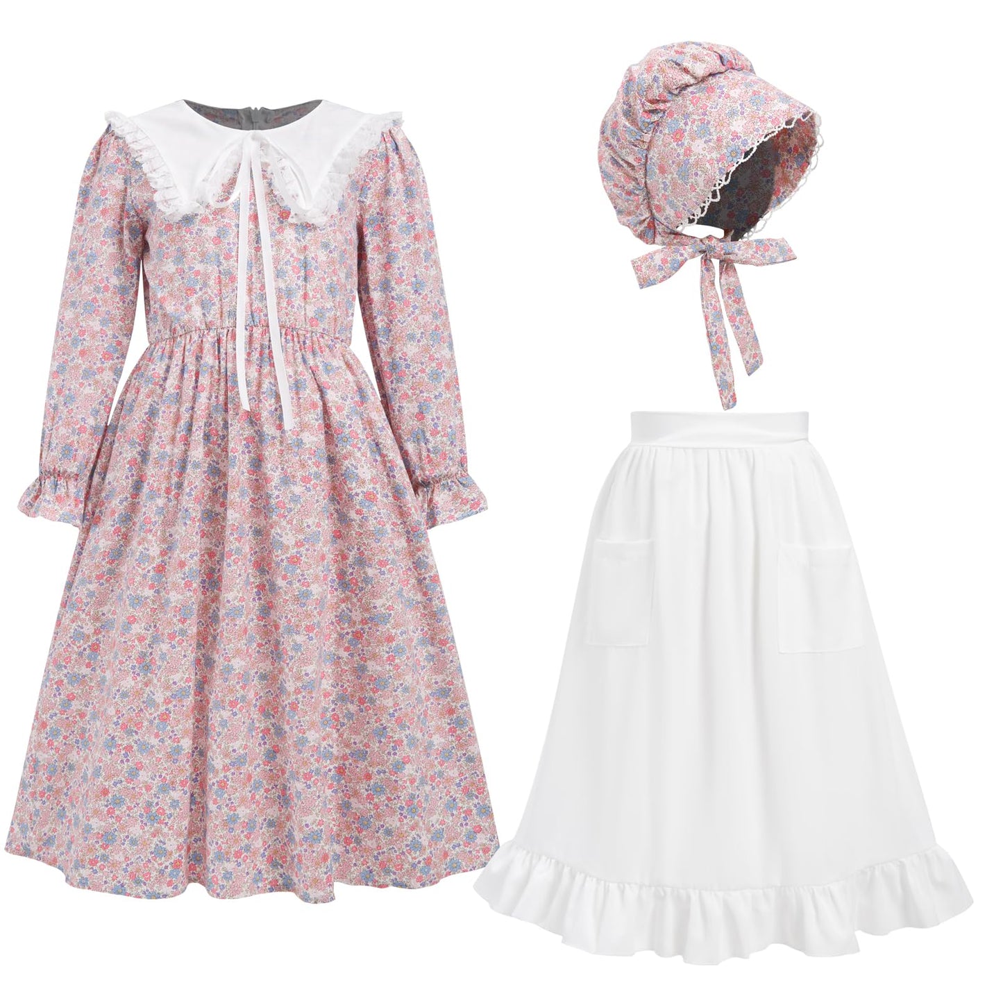Fortmac Prairie Dress Girls Pioneer Colonial Costume Floral 1800S Pilgrim Costume With Apron And Bonnet Pink 9-10Y
