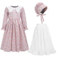 FORTMAC Prairie Dress Girls Pioneer Colonial Costume Floral 1800s Pilgrim Costume with Apron and Bonnet Pink 6-7Y