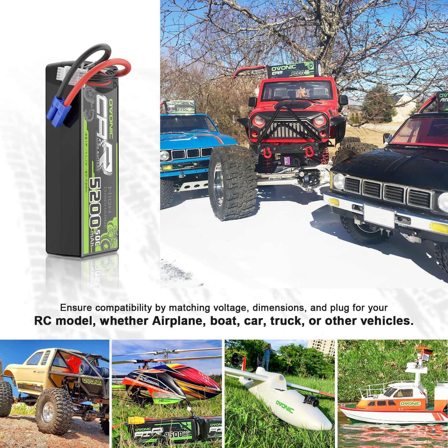 OVONIC 3S 5200mAh Lipo Battery 50C 11.1V EC5 Connector for RC Cars and Trucks