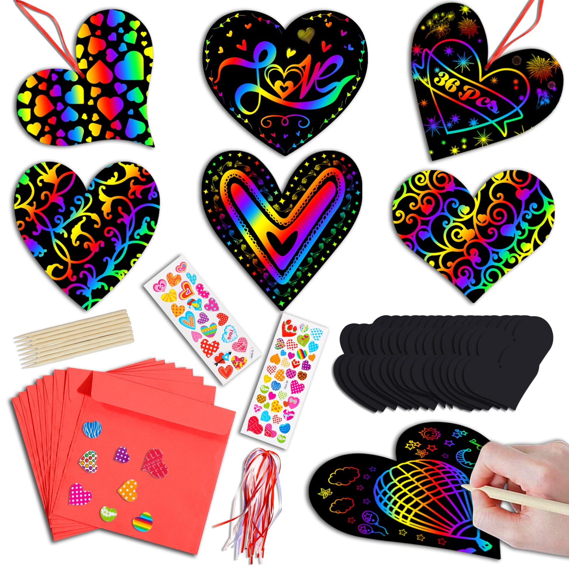 Natonhi 36 Pack Valentines Day Gifts Card for Kids,Heart Rainbow Scratch Art Paper Valentine Crafts for Kids Party Favors Classr