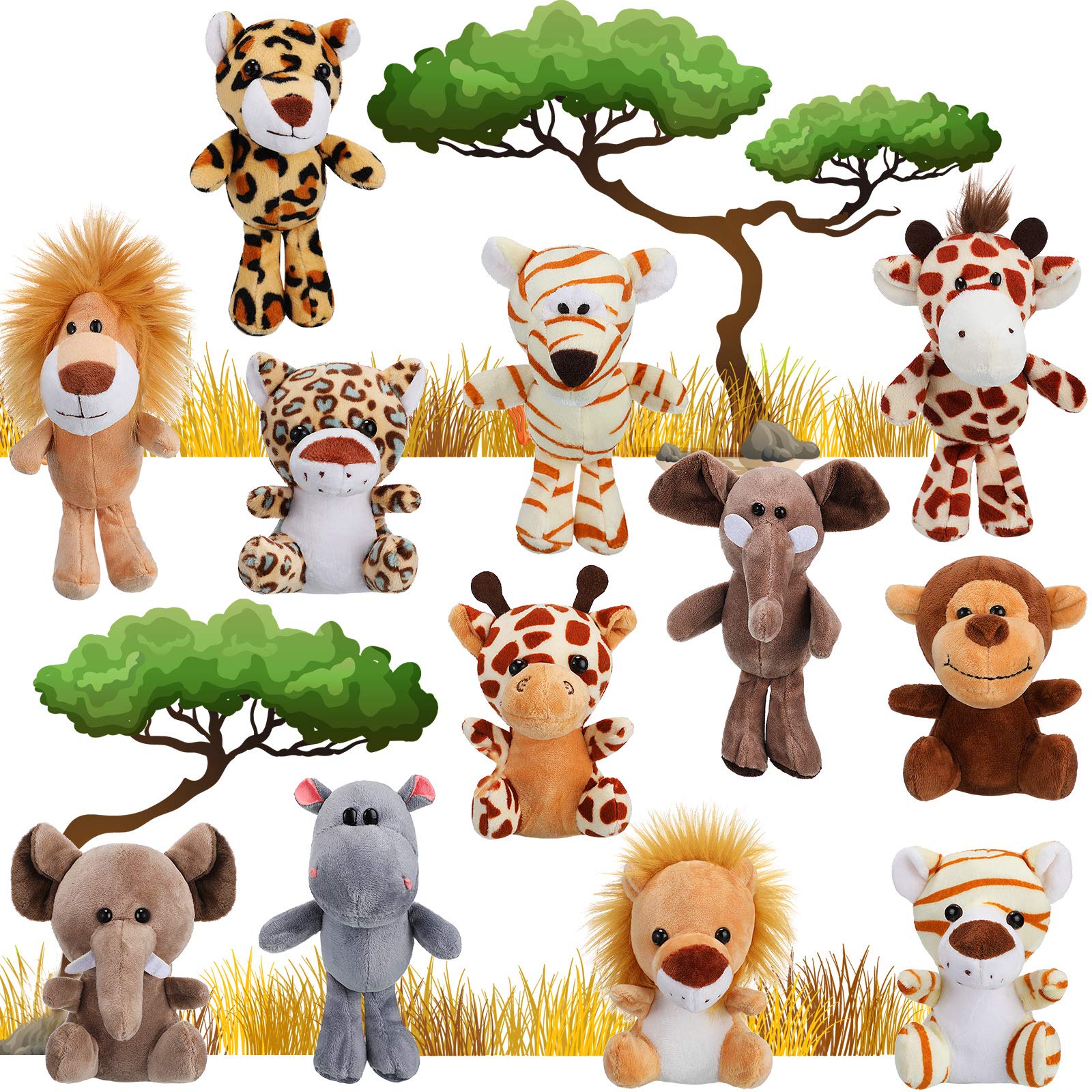Sumind 12 Pieces Valentine'S Day Mini Stuffed Forest Animals Jungle Animal Plush Toys 4.8 Inch Cute Plush Elephant Lion Giraffe Tiger Plush For Animal Themed Parties Achievement(Sitting, Standing)