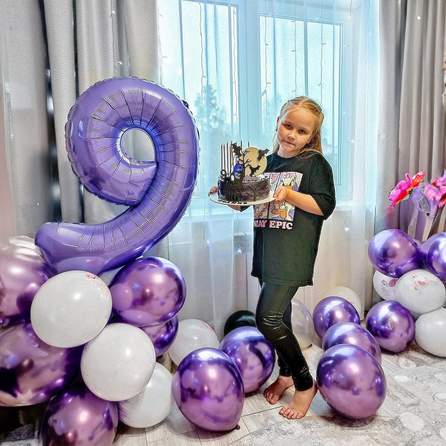 40 Inch Purple Number Balloons, Giant Self Inflating Foil 9 Years Old Birthday Number Balloon For Girls, 9 Balloon Mylar Helium
