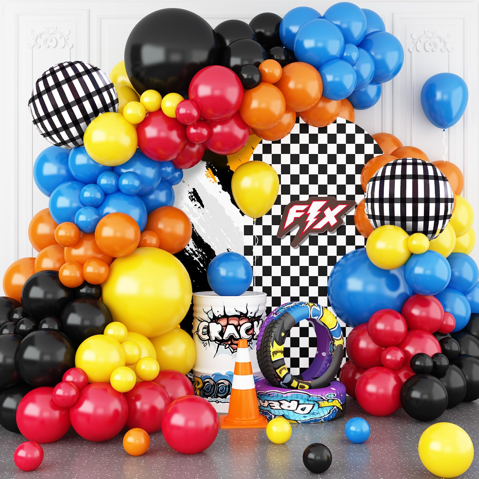 Race Car Balloons Arch Garland Kit, Blue Red Black Checkered Flag Foil Balloon, Race Car Themed Decorations For Boys Birthday Party Baby Shower