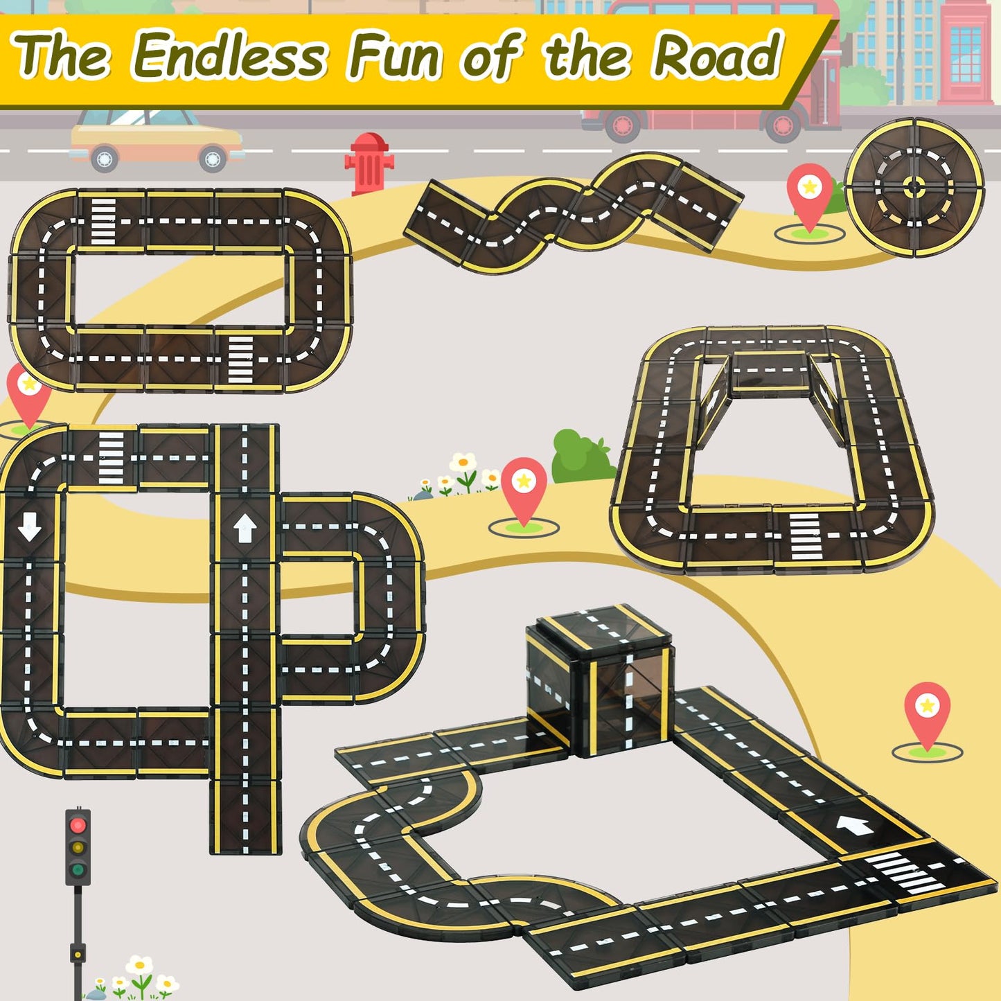 Benoker Magnetic Tiles Road Set, Stem Magnet Building Blocks For Toddler Kids, Montessori Educational Toy Gifts For 3+ Year Old