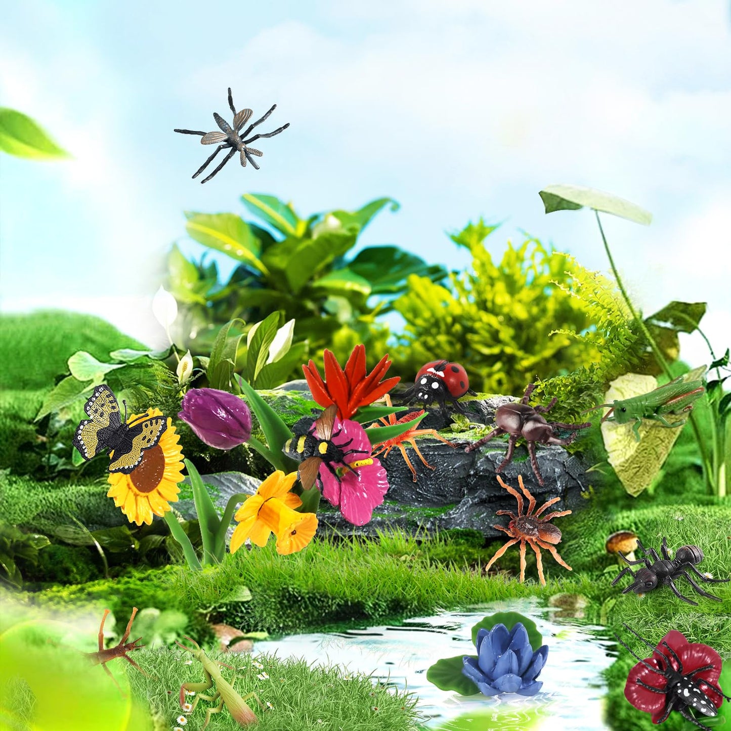 Insect Plant Figures Toys 20Pcs, Realistic Plastic Bugs Flower Figurines With Ladybug Bee Butterfly Ant Cricket Mantis Scorpion