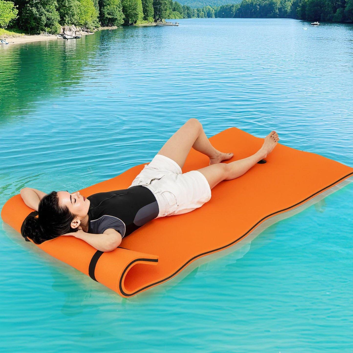 Goplus Floating Water Mat Pad, Lily Pad with Rolling Pillow Design, Bouncy Tear-Resistant 3-Layer XPE Foam, Roll-Up Swimming Foa