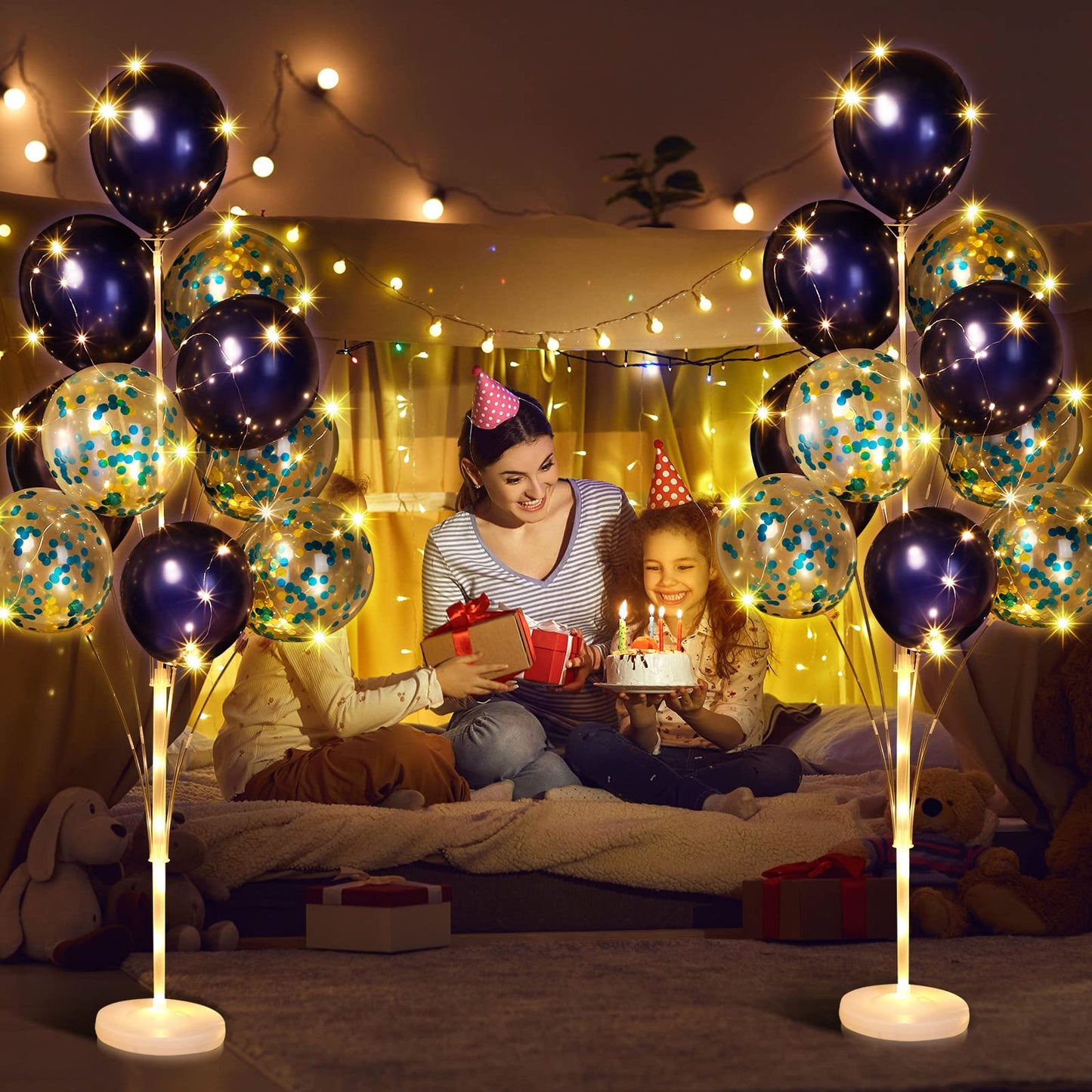 2 Sets Floor Balloon Column Stand Kit With Led Lights 40 Pcs Balloons, Balloon Holder Centerpieces Balloon Tower Stand For Baby Shower Birthday Bridal Wedding Party (Blue)