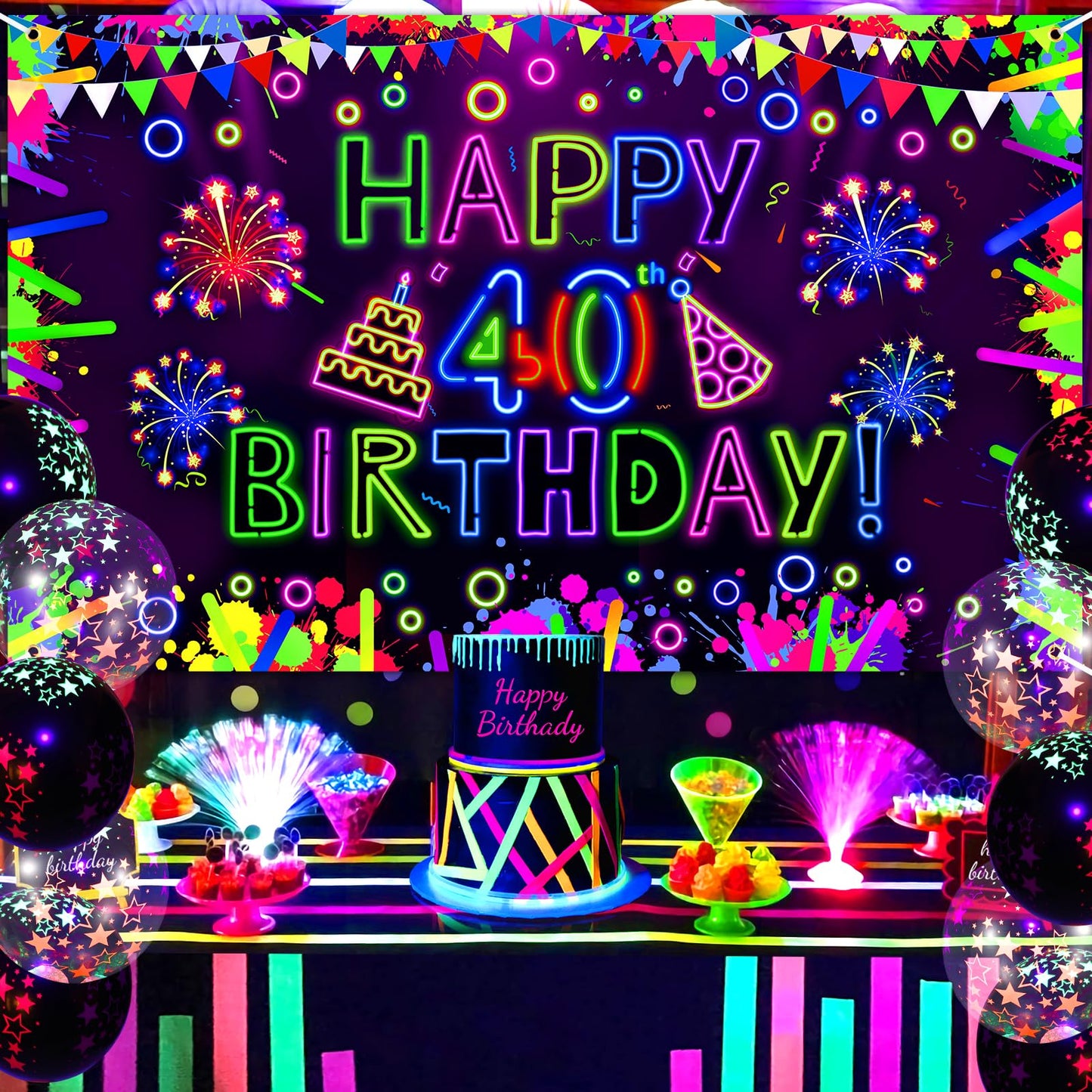 Neon Birthday Party Decorations Neon Happy 40th Birthday Banner Glow in The Dark Party Decorations with UV Black Light Reactive