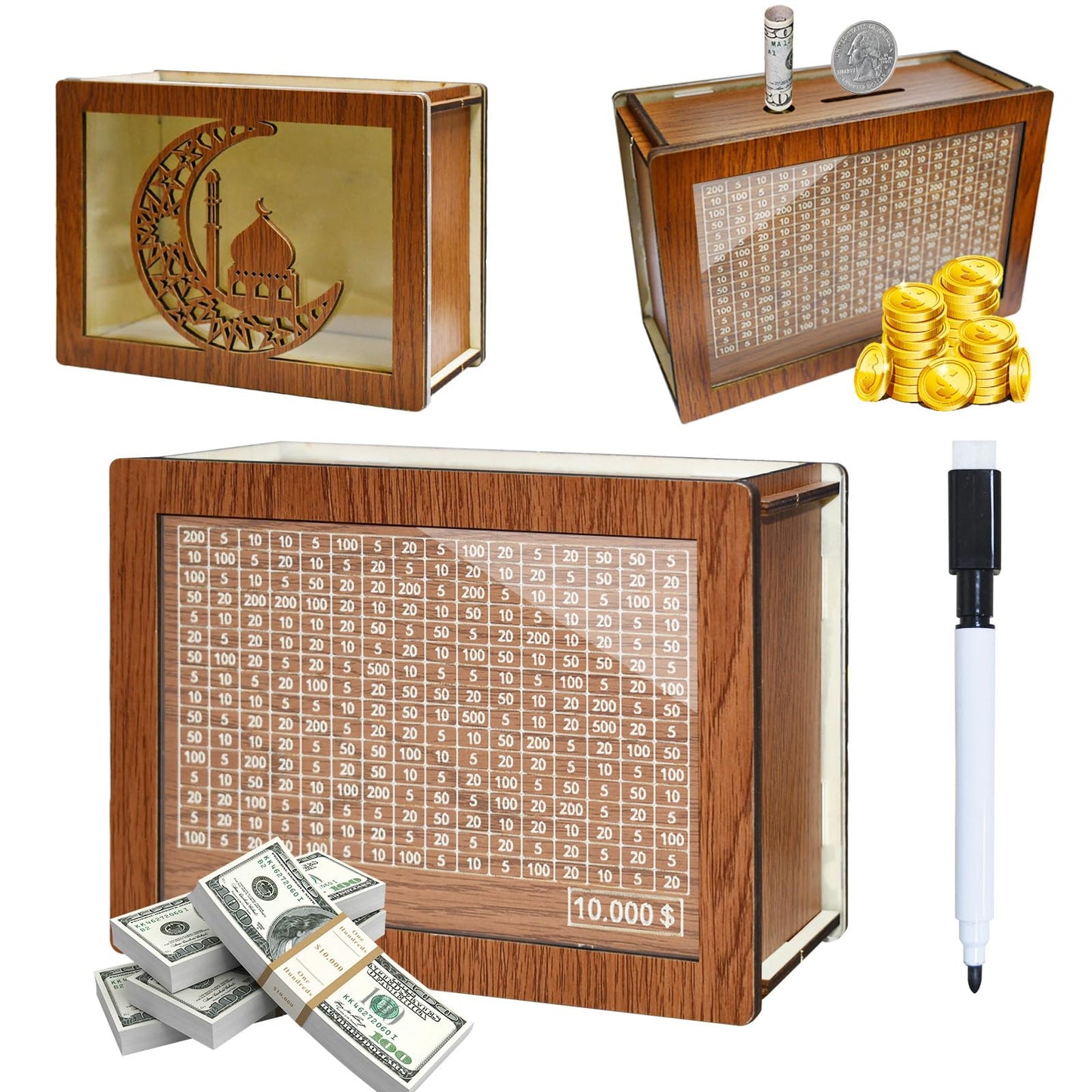 Kendyy Wooden Piggy Bank For Adults, Countdown Cash Vault With Money Target And Numbers, Cash Savings Challenge Box For Kids, Retro Cash Saver Money Box For Boys & Girls (Brown Moon, $10000)