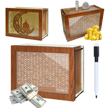 Kendyy Wooden Piggy Bank For Adults, Countdown Cash Vault With Money Target And Numbers, Cash Savings Challenge Box For Kids, Retro Cash Saver Money Box For Boys & Girls (Brown Moon, $10000)