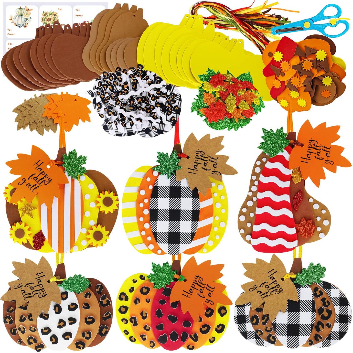 Winlyn 24 Sets Fall Pumpkin Ornaments Decorations Art Sets DIY 3D Fall Pumpkin Craft Kits Pumpkin Fall Maple Leaf Foam Stickers 