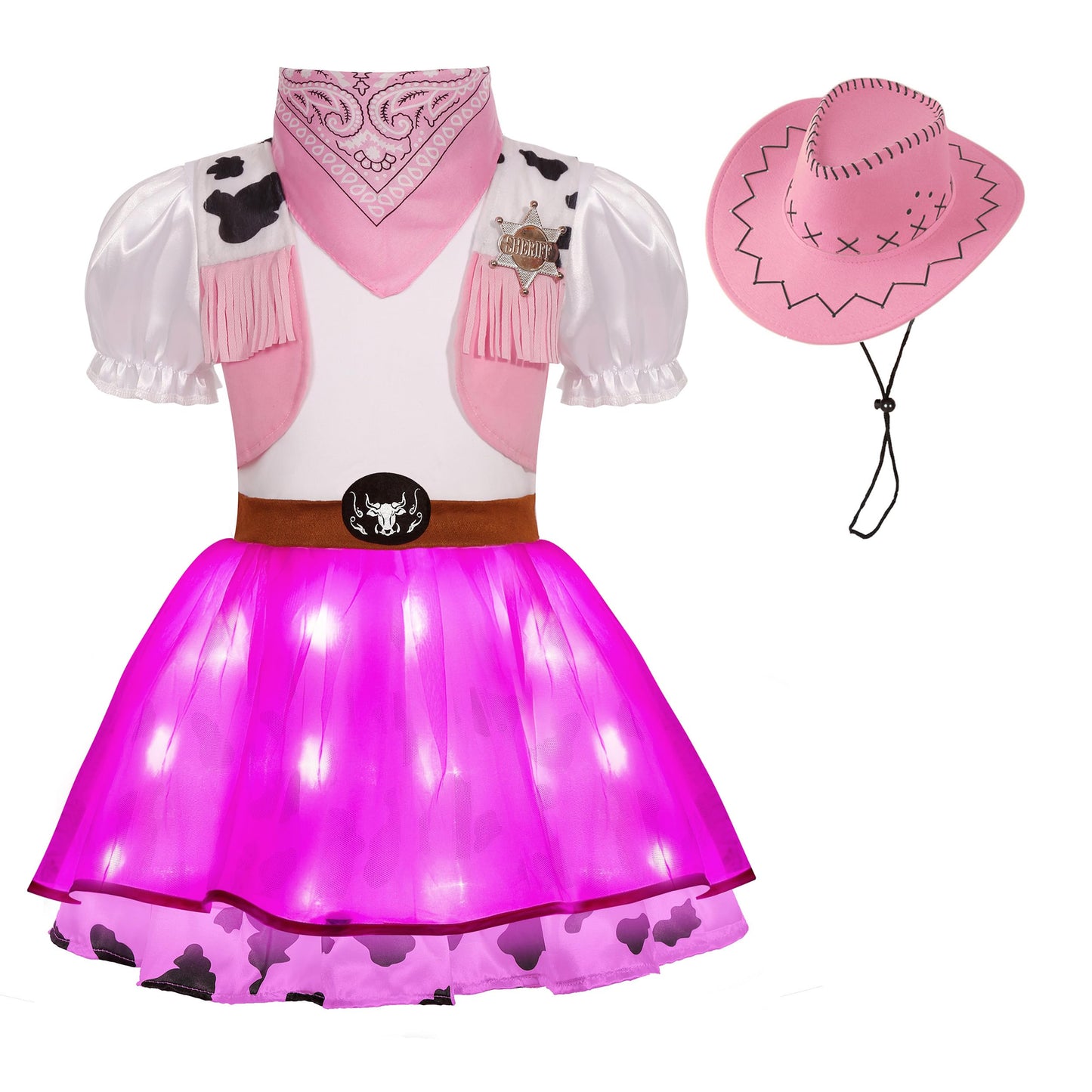 Nuehoryu Cowgirl Costume For Girls Led Cowgirl Dress For Girls Halloween Western Rodeo Dress Up (9-10 Yeras) Pink