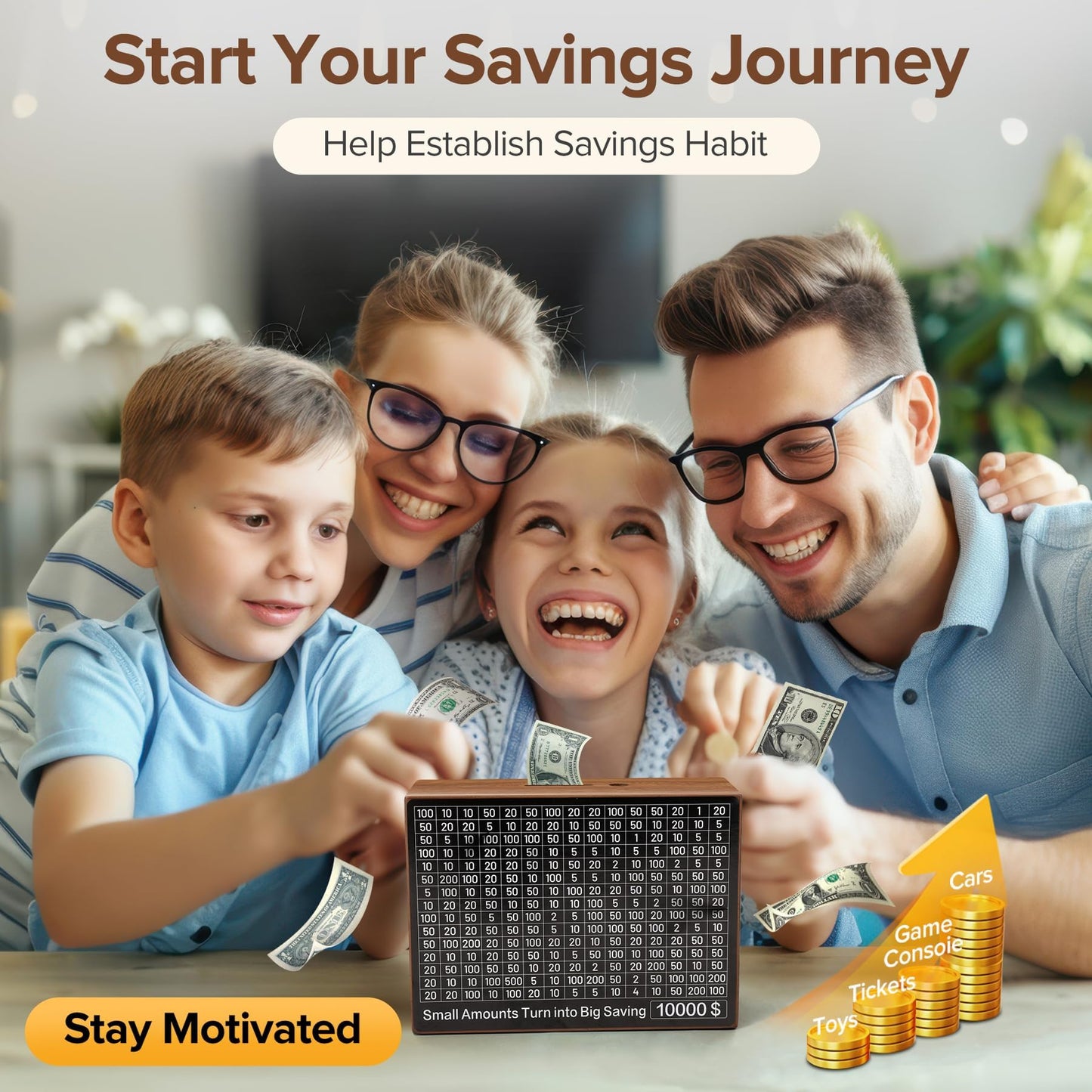 Larger Wooden Money Box For Cash 10,000 And Multiple Savings Goals Cash Vault Saving Box Challenge Piggy Bank For Kids Adults Re