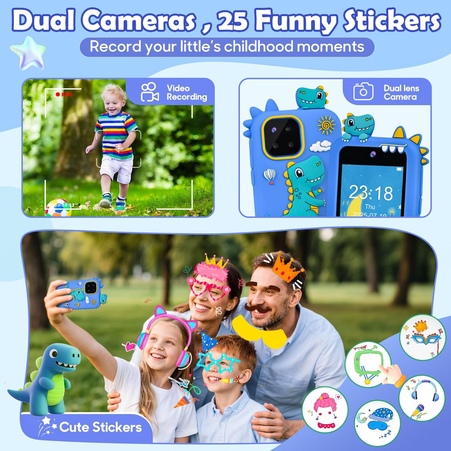 Jusvenmt Kids Dinosaur Toy Phone, Touchscreen, Dual Camera, 44 Games, 32GB Card, Child-Size, Blue, Model S3