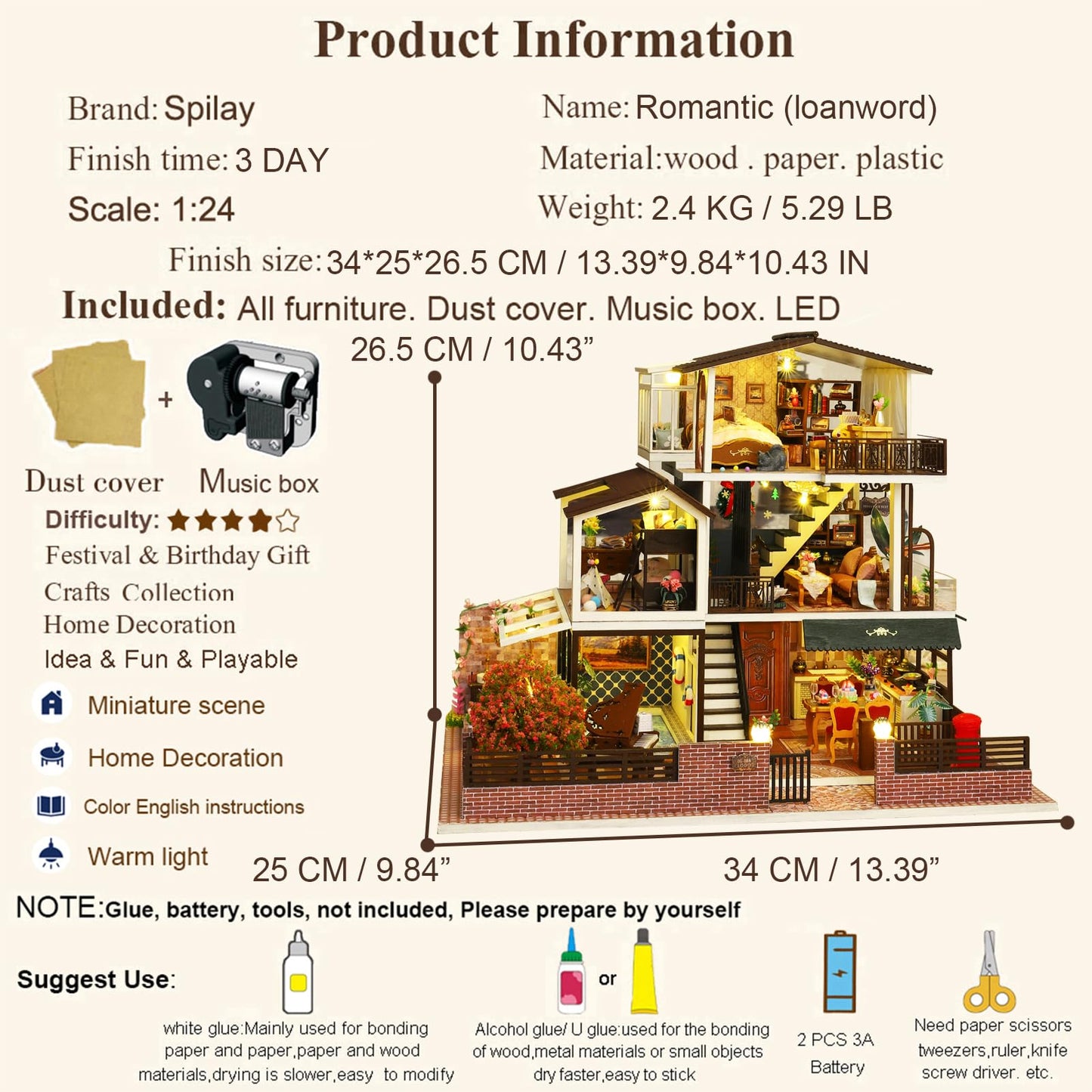 Spilay Dollhouse DIY Miniature Wooden Furniture Kit Mini Handmade Big Castle Model 1:24 Scale Creative Doll House Toys for mature-themed Gift